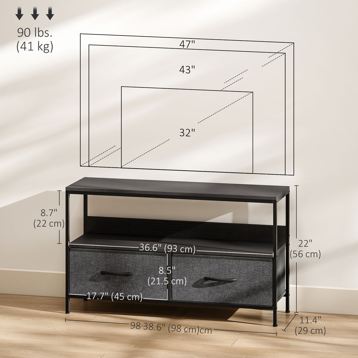 TV Stand with Charging Station, TV Table with 2 Foldable Linen Drawers and Open Shelf for 47 Inch – view 2