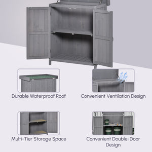 Wooden Garden Tool Storage Shed Kit with Hinged Roof, 2-Tier Shelves and Double Doors, 74x43x88cm, Dark Grey