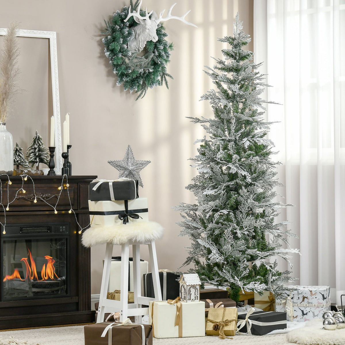6 Feet Pencil Snow Flocked Artificial Christmas Tree with 517 Realistic Cypress Branches, Auto Open, Green – view 7