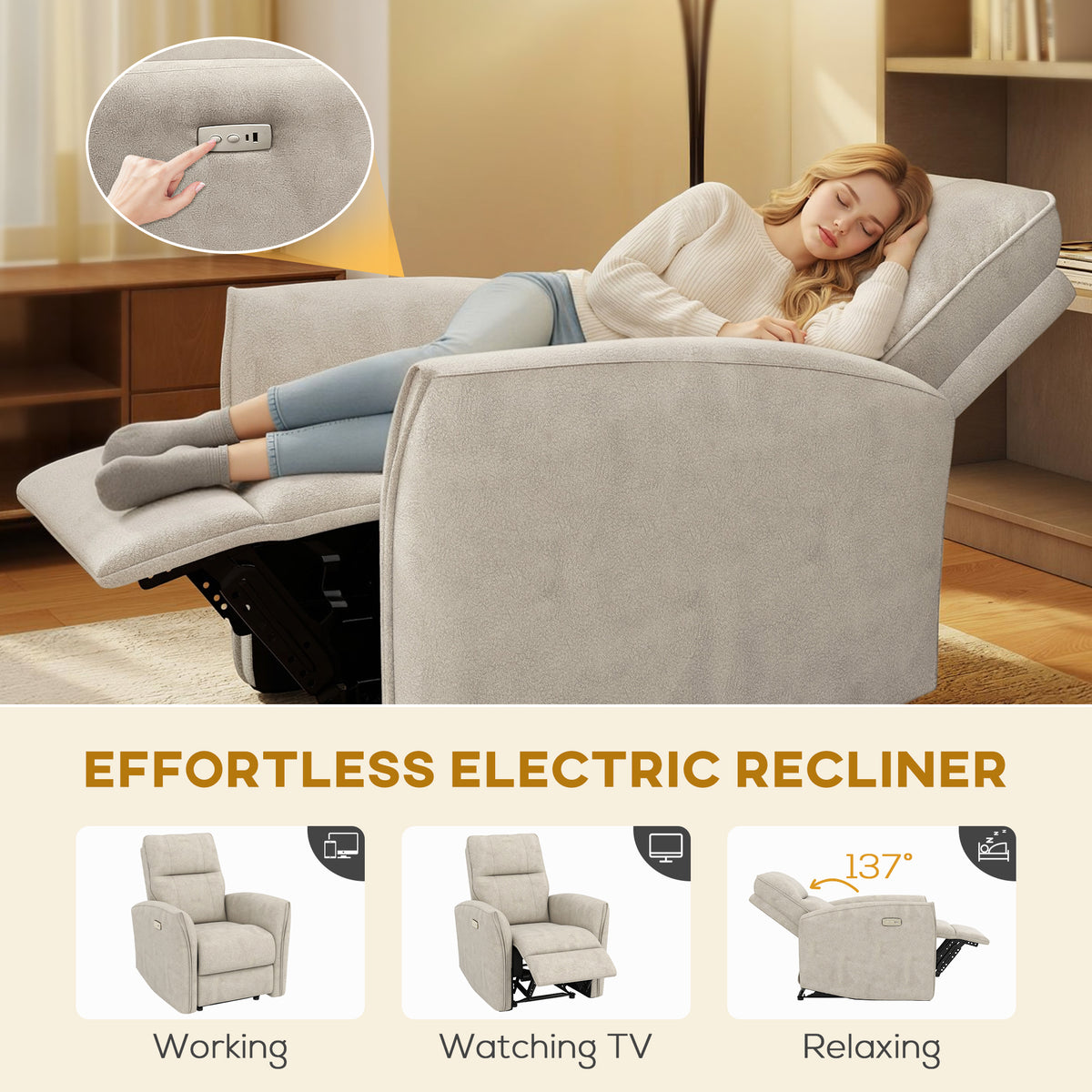 Power Recliner Chair, Dyed Fabric (Like Leathaire) Upholstered Recliner Chair with USB Ports, Footrest – view 3