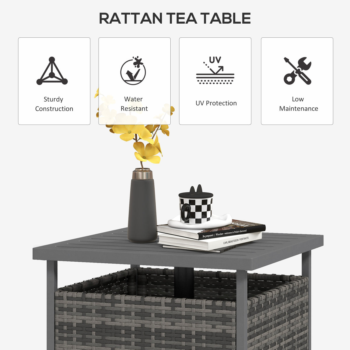 Rattan Coffee Wicker Patio Table w/ Umbrella Hole for Backyard Mixed-Grey