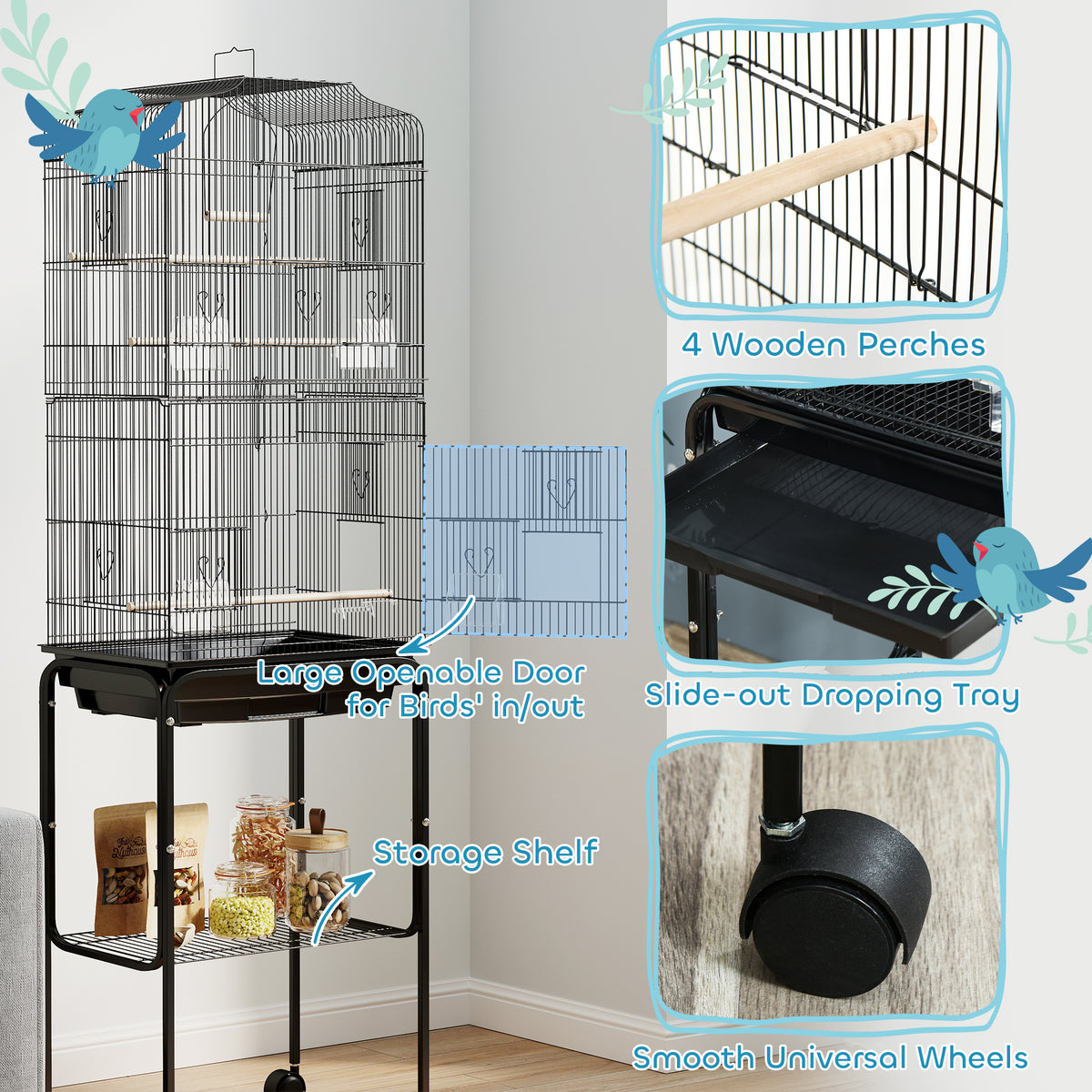 62" Rolling Bird Cage Cockatoo House Play Top Finch Pet Supply with Storage Shelf, Wheels - Black – view 4