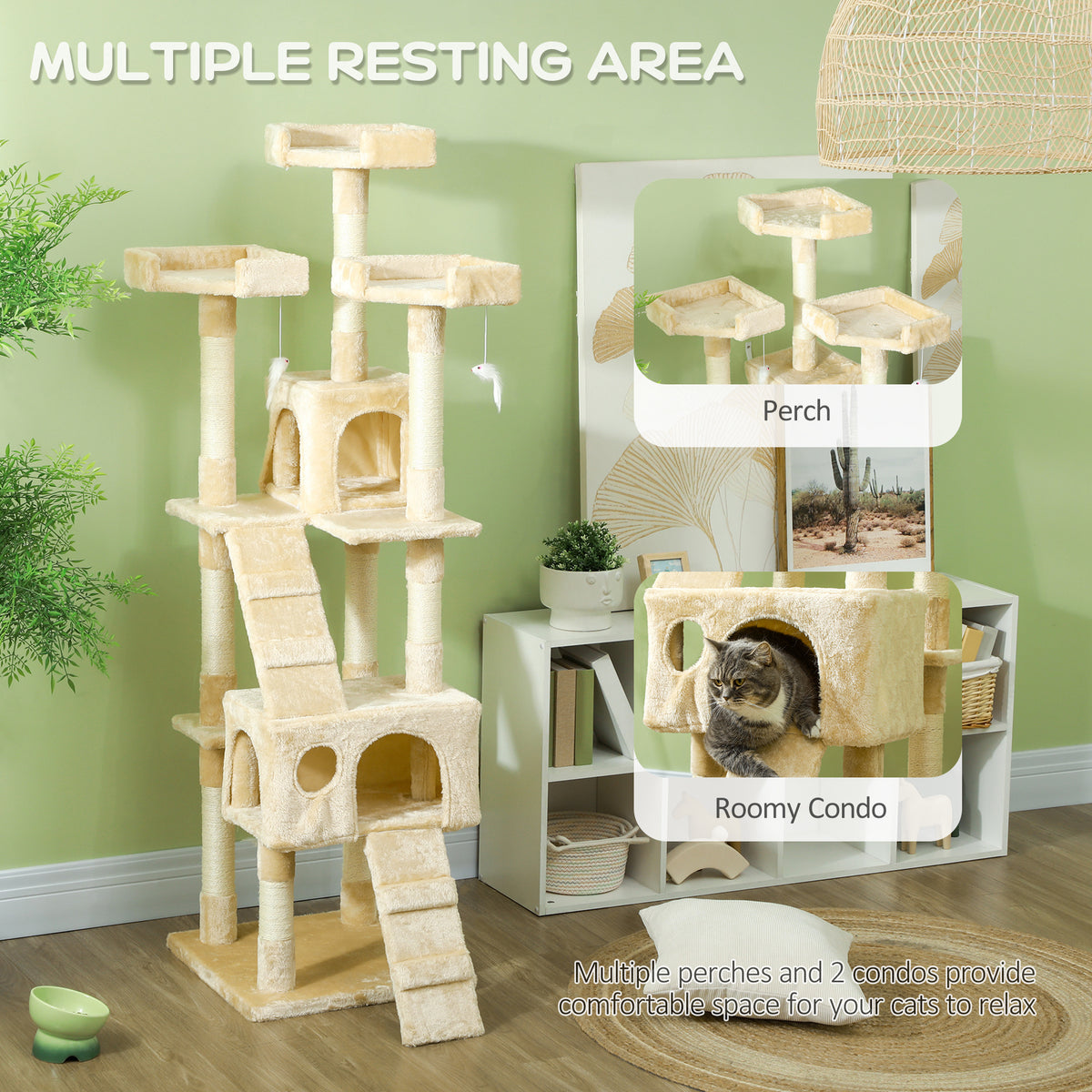 68-inch Multi-Level Cat Scratching Tree Kitty Activity Center Post Tower Condo Pet Furniture w/ Toy Beige – view 10