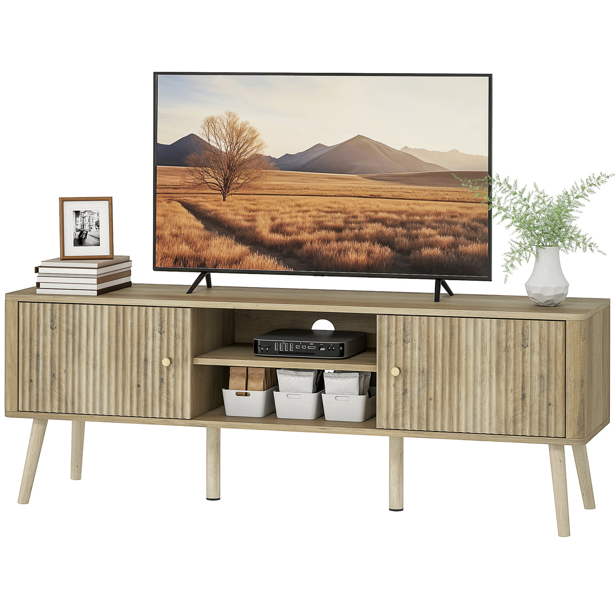 TV Stand for 65 Inch Television, Entertainment Center with Adjustable Shelves and Pine Wood Legs for Living Room, Oak