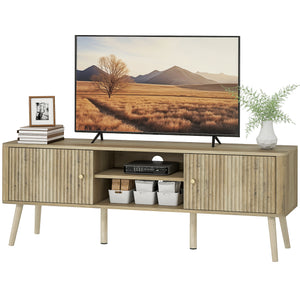 TV Stand for 65 Inch Television, Entertainment Center with Adjustable Shelves and Pine Wood Legs for Living Room, Oak