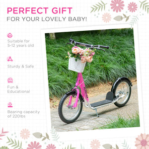 Aosom Kick Scooter with Adjustable Handlebar, Kids Scooter with 2 Brakes Basket Cupholder 16" Inflatable Rubber Tyres