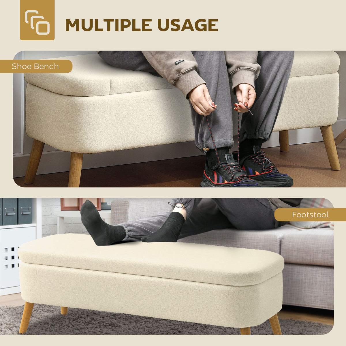 47 Inches Storage Ottoman Bench, End of Bed Bench, Upholstered Teddy Fleece Storage Chest for Living Room, Beige