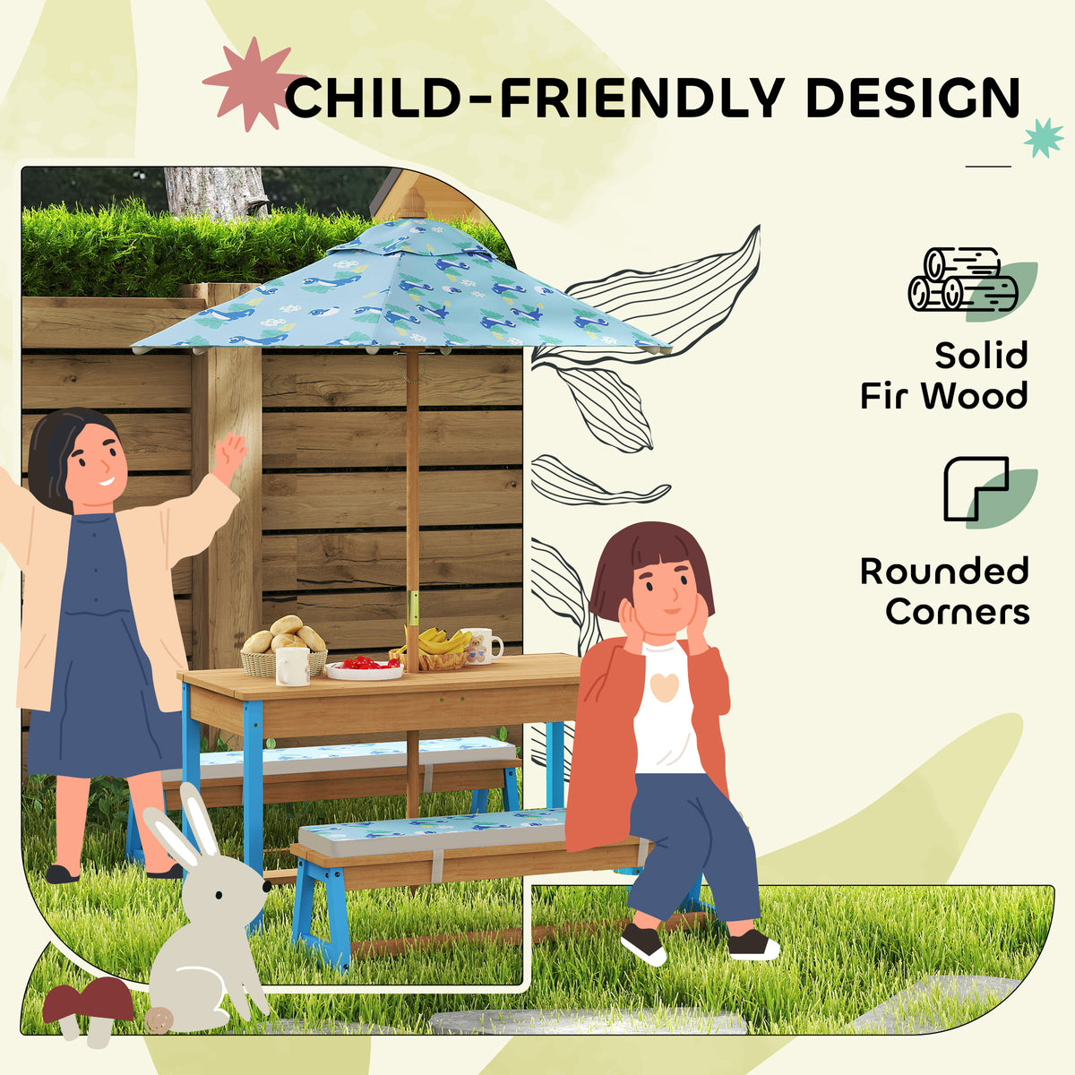Qaba Kids Picnic Table and Bench Set with Removable Umbrella, Cushions & Boxes, Dinosaur Theme for Outdoor, Blue