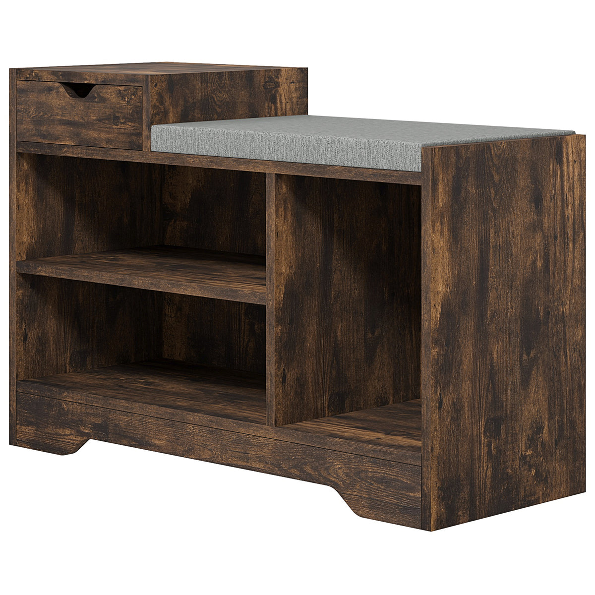 Upholstered Shoe Storage Bench, Hallway Shoe Storage with Seat, Drawer, 3 Open Shelves for Entryway, Grey – view 8