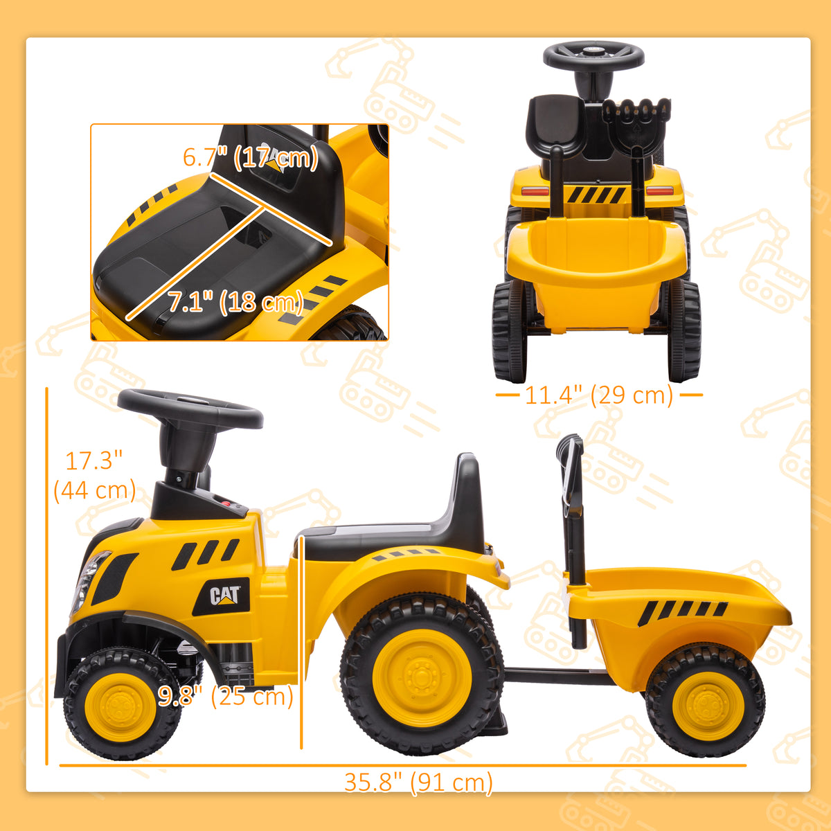 Qaba Caterpillar Licensed No Power Ride On Tractor with Shovel, Trailer