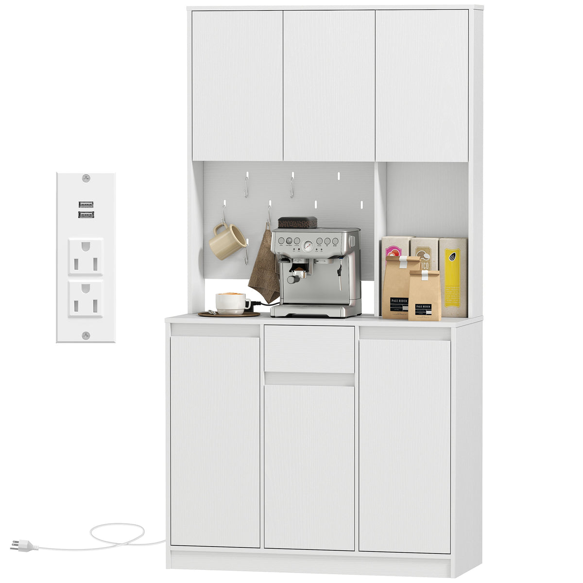 71" Pantry Cabinet with Charging Station, Kitchen Storage Cabinet with Microwave Stand, Pegboard – view 8