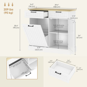 Hidden Garbage Bin Cabinet, Tilt Out Trash Cabinet w/ 2 Drawers, Freestanding Kitchen Island for Laundry – view 9