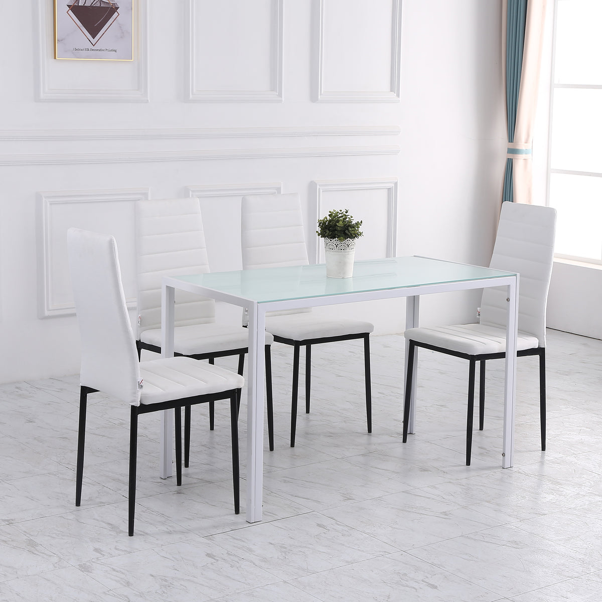High Back Dining Chairs, Modern Upholstered Linen Fabric Accent Chairs with Metal Legs for Kitchen, Set of 4, White