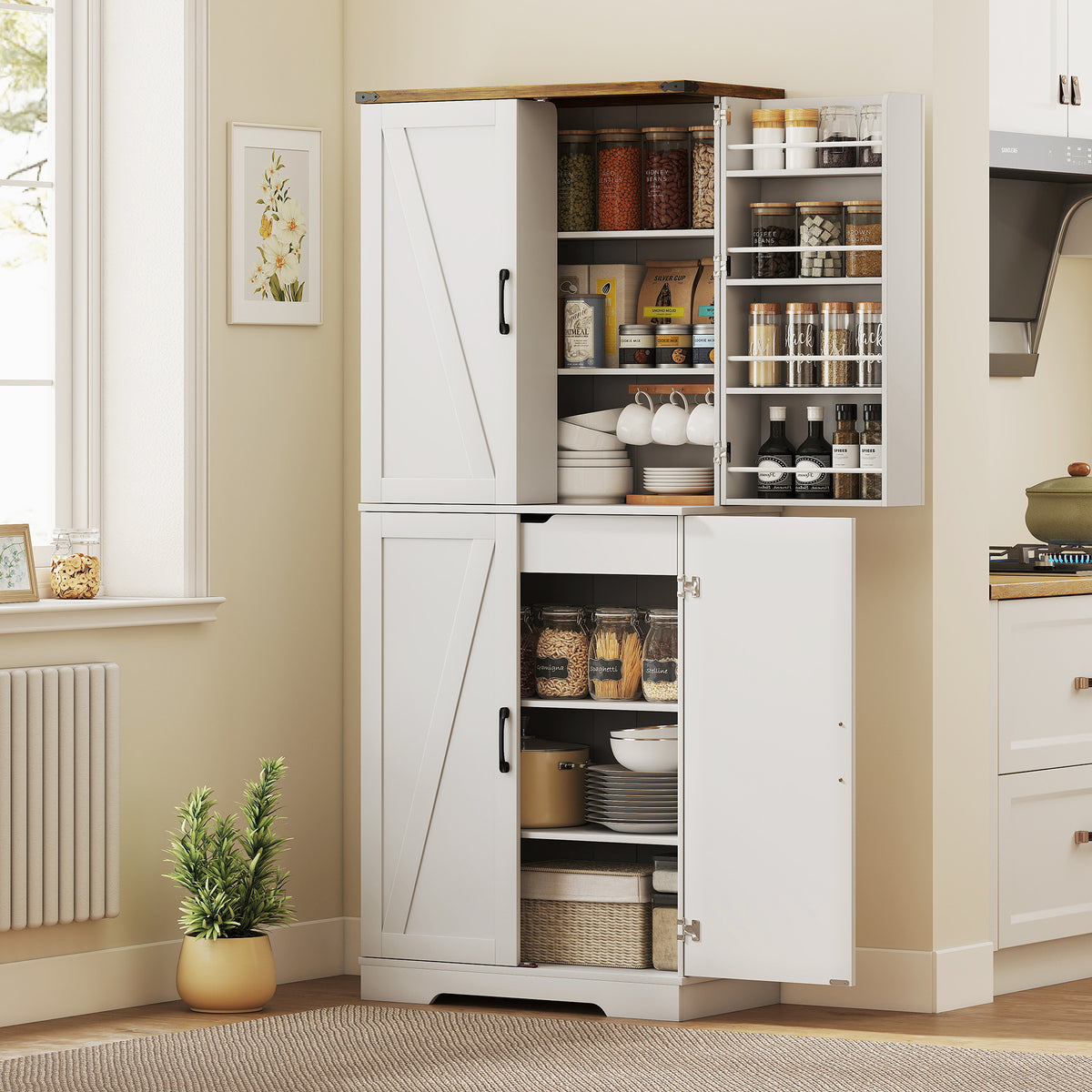 72" Kitchen Pantry Cabinet, Farmhouse Storage Cabinet with 4 Doors, Drawer – view 21