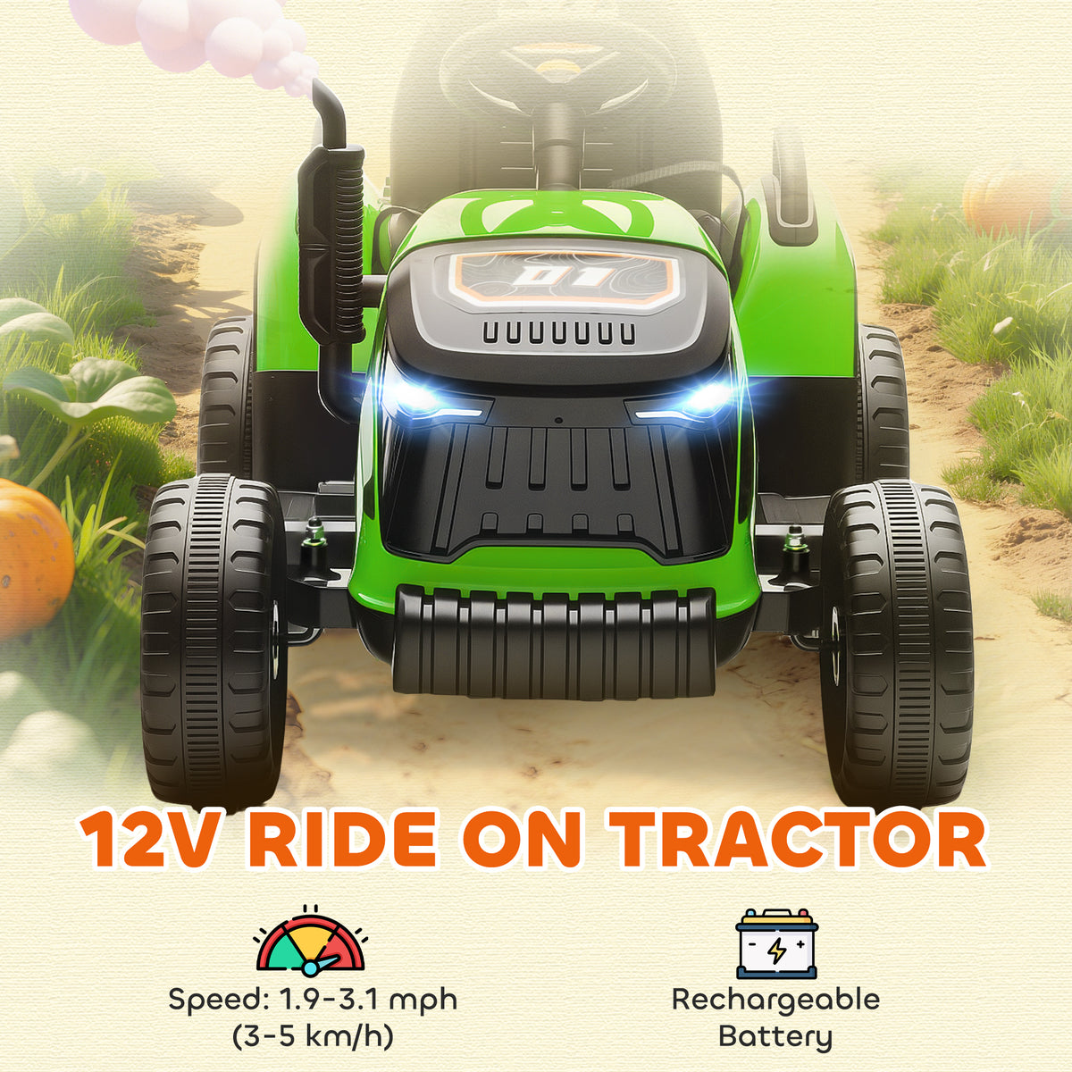 Qaba 12V Kids Ride On Tractor with Trailor, Remote Control, Music, Lights, Shifter, for Kids Ages 3-8 Years