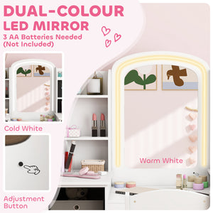 Qaba Kids Vanity Table and Chair, Toddler Dressing Table and Chair Set with Lighted Mirror for Little Girls, White
