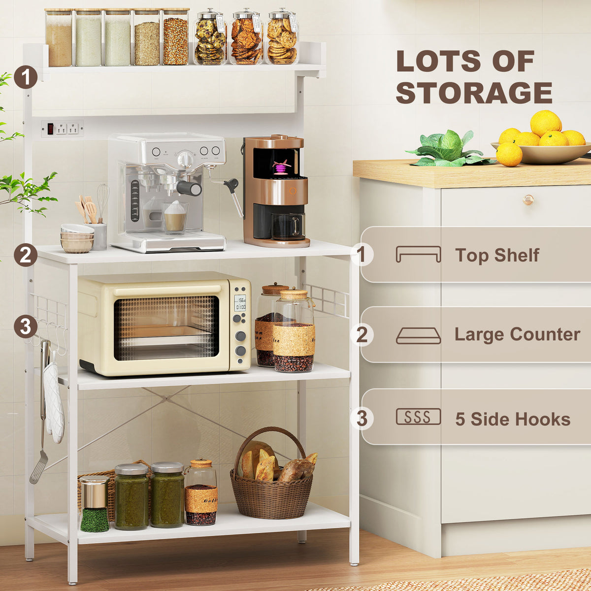 Kitchen Baker's Rack with Power Outlet, Coffee Bar Station with Adjustable Shelves and Hooks – view 33