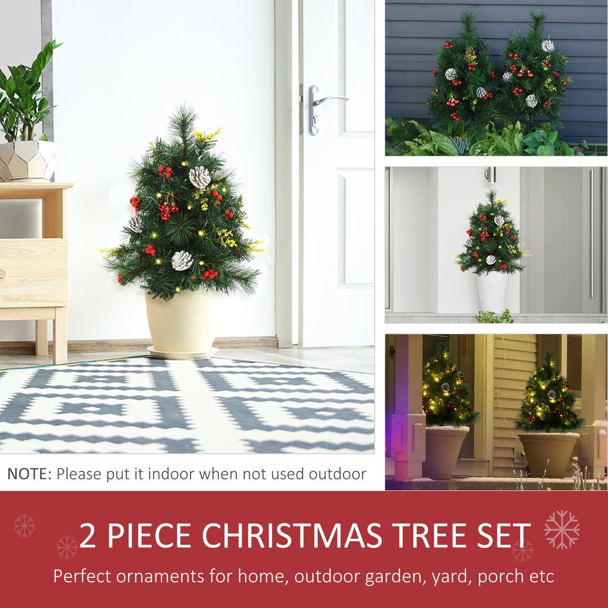 2.5ft 2 Pieces Prelit Artificial Christmas Tree with LED Light Mini Xmas Tree with Small Berry Pine Needles Pinecones Decorations for Garden
