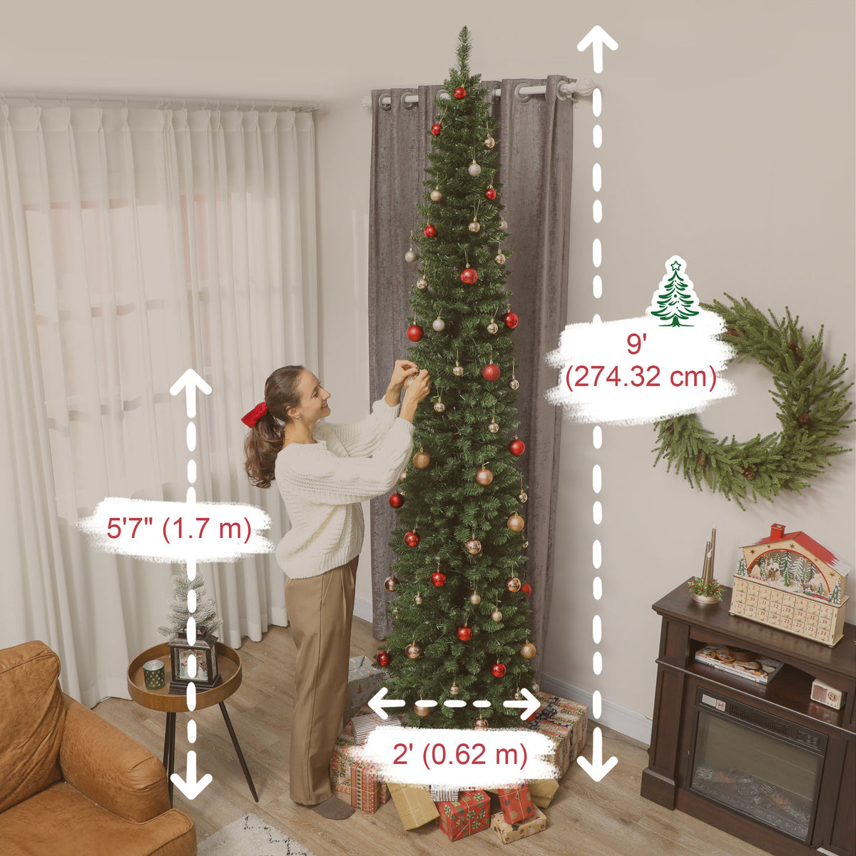 9ft Christmas Tree with Colourful DIY Synchronized LEDs, Hinged Pencil Xmas Tree with Remote, Daily Timer – view 2