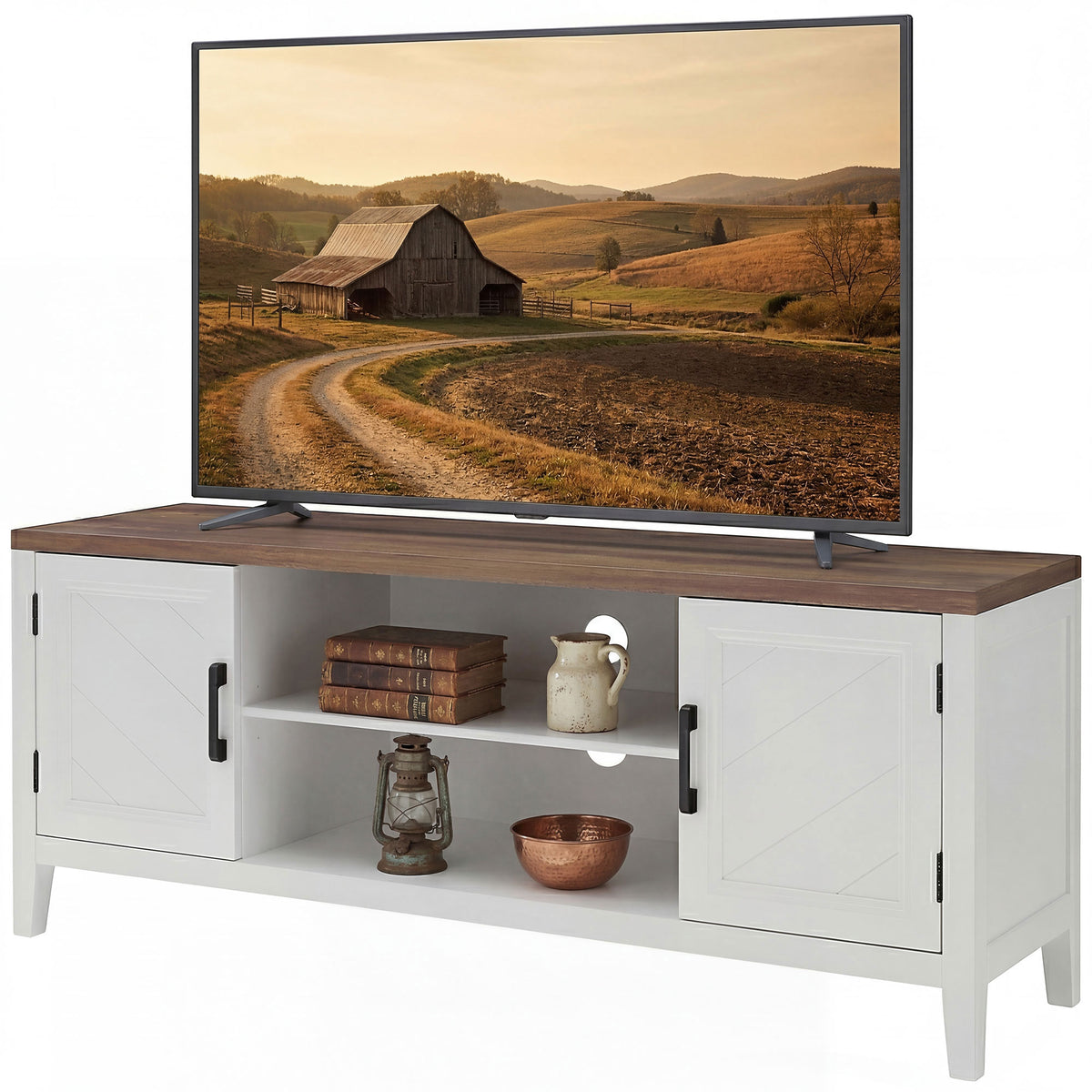 TV Stand for TVs up to 55 Inch, Entertainment Center with 2 Open Shelves, 2 Cabinets, Thick Top, White and Brown