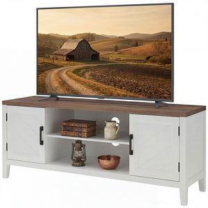 TV Stand for TVs up to 55 Inch, Entertainment Center with 2 Open Shelves, 2 Cabinets, Thick Top, White and Brown
