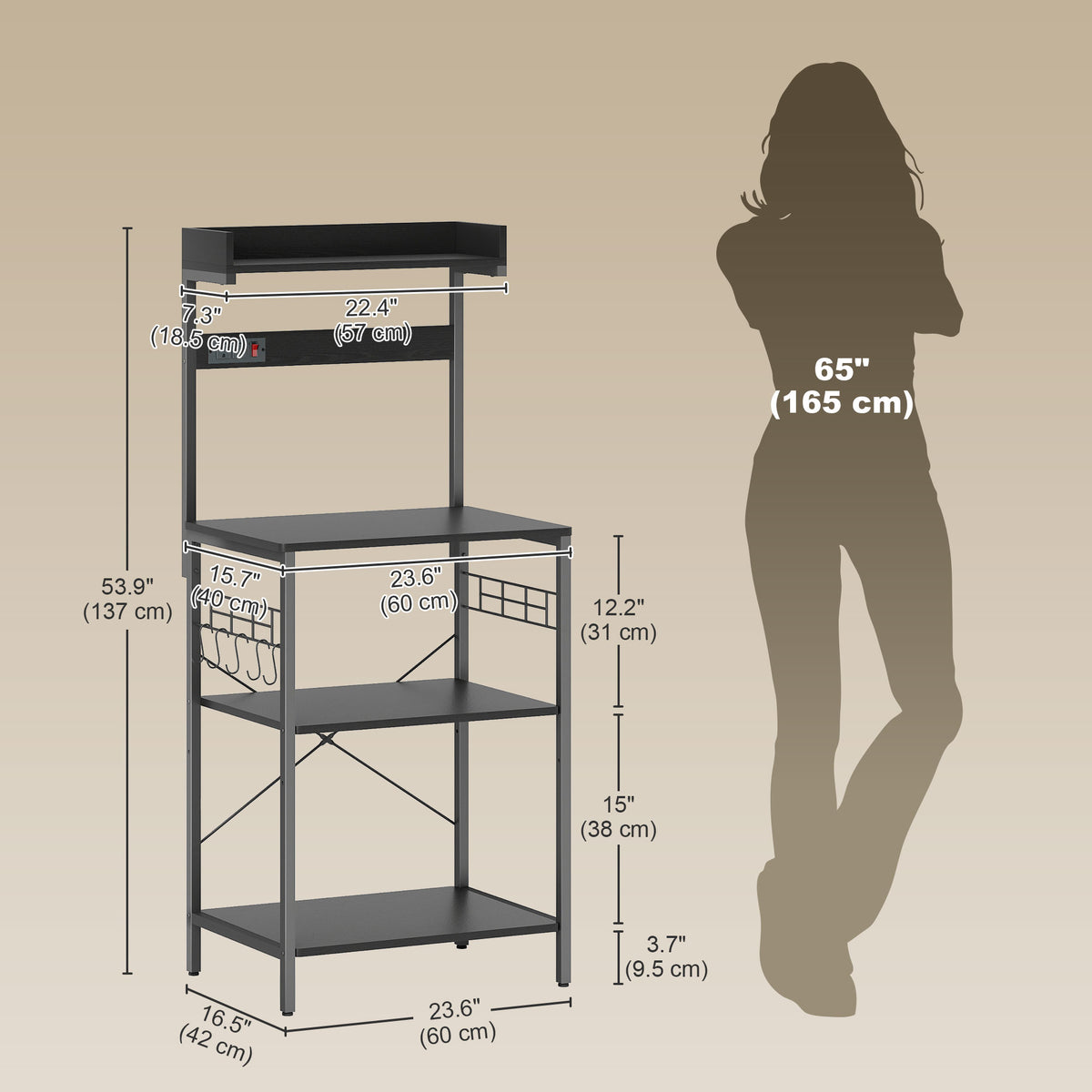 Kitchen Baker's Rack with Power Outlet, Coffee Bar Station with Adjustable Shelves and Hooks – view 37