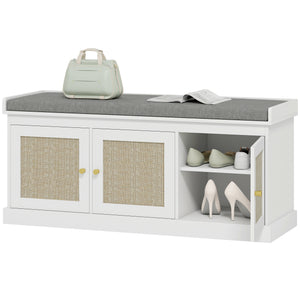 Shoe Storage Bench with Woven Rattan Doors, Shoe Bench with Cushion, Adjustable Shelves, Entryway Bench, White