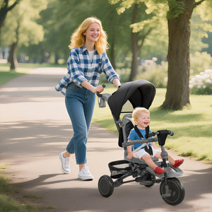 Qaba 6 in 1 Toddler Tricycle for 1-5 Years Old with Push Handle, Removable Canopy, Rotatable Seat