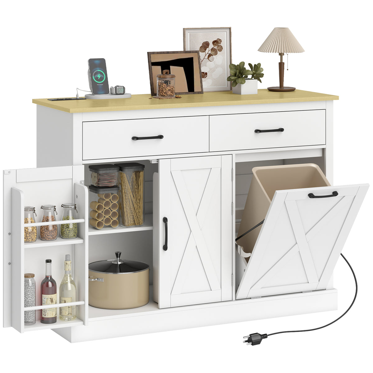 7 Gallon Tilt Out Garbage Cabinet, Kitchen Island with Charging Station, 2 Drawers, 4 Door Racks, Black – view 8