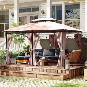 10' x 13' Patio Gazebo, Outdoor 2-Tiers Garden Canopy Yard Sunshade Shelter with Curtains, Khaki – view 6