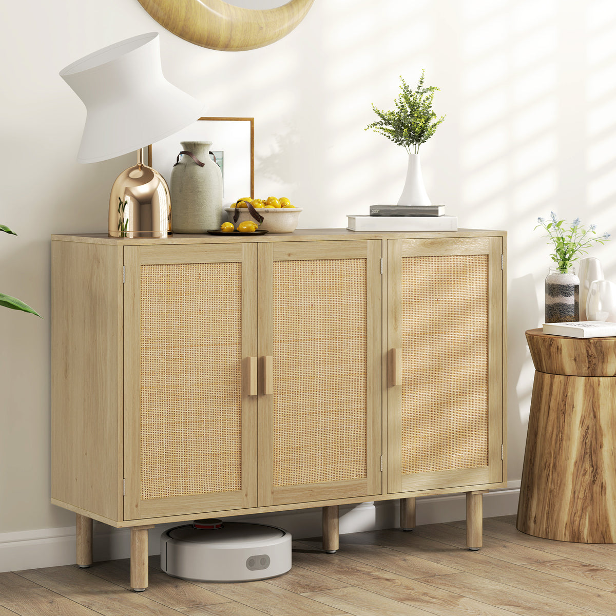 Bohemian Sideboard, 46.9" Buffet Cabinet with 3 Rattan Doors and Shelves for Living Room, Hallway, Oak