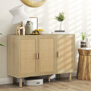 Bohemian Sideboard, 46.9" Buffet Cabinet with 3 Rattan Doors and Shelves for Living Room, Hallway, Oak