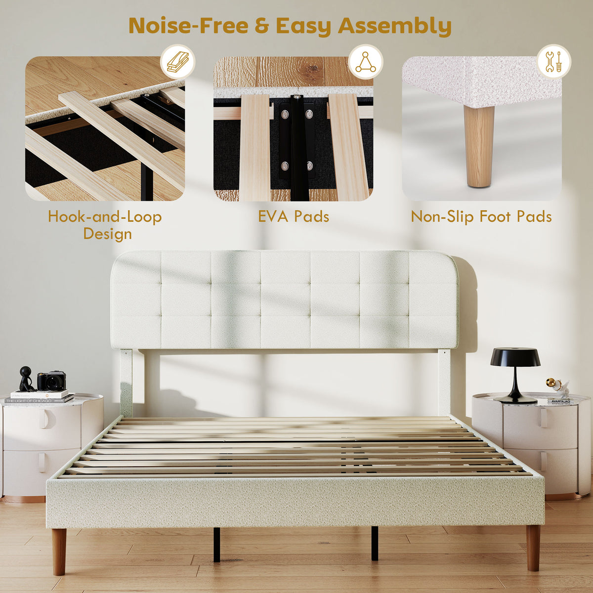 Queen Size Bed Frame with Adjustable Headboard Upholstered Platform Bed Frame with Wood Slat Support Noise – view 12