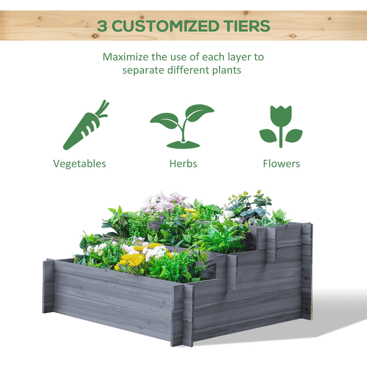 3-Tier Wood Raised Garden Bed, 47.2" x 39.4" x 21.3" Elevated Planting Box, Outdoor Vegetable Flower Container, Herb Garden Indoor Kit, Natural