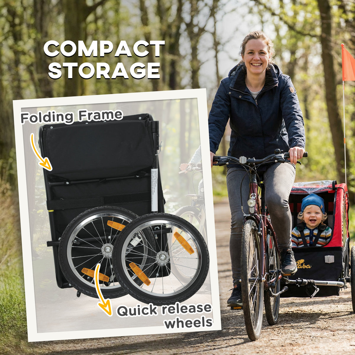 Qaba Bike Trailer for Kids, Baby Bicycle Trailer with 5-Point Harness, 16" Rubber Wheels, Storage Bag, for 18+ Months, Red