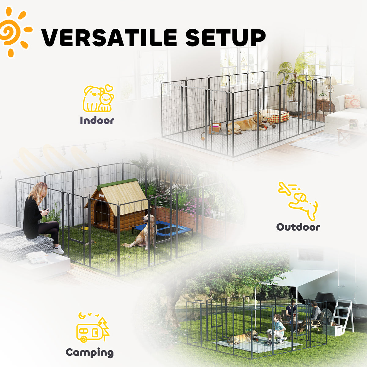 16 Panels Dog Playpen with Straps, Portable & DIY, for Small Dogs, for Yard, RV, Camping, Garden, 24" Height