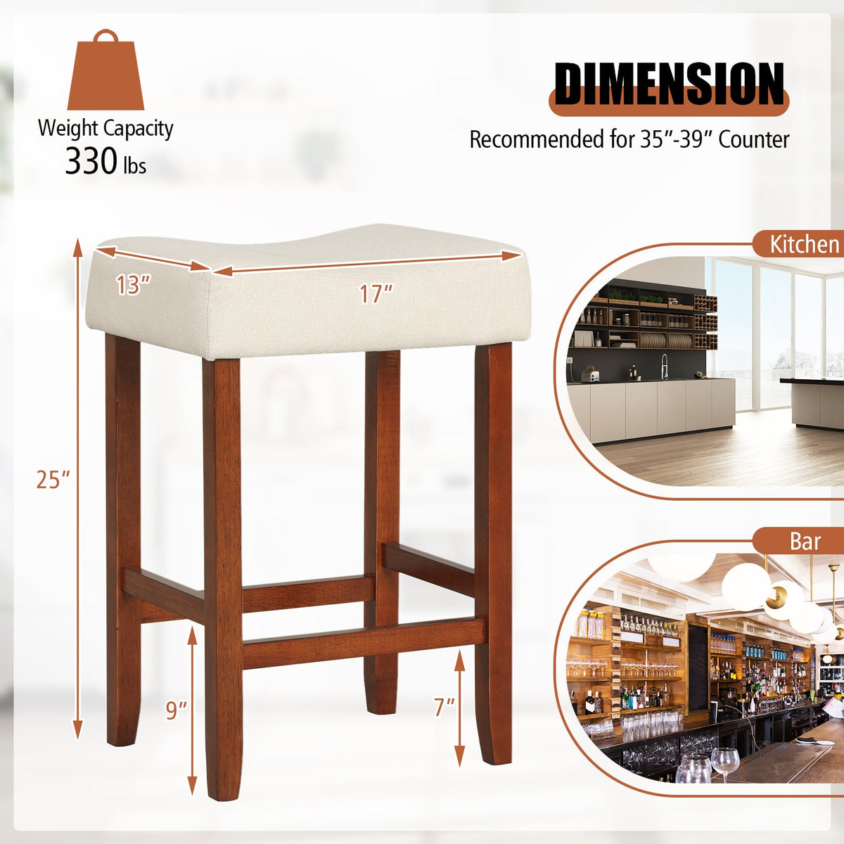 Set of 2 24 Inch Bar Stool with Curved Seat Cushions-Off White view 4