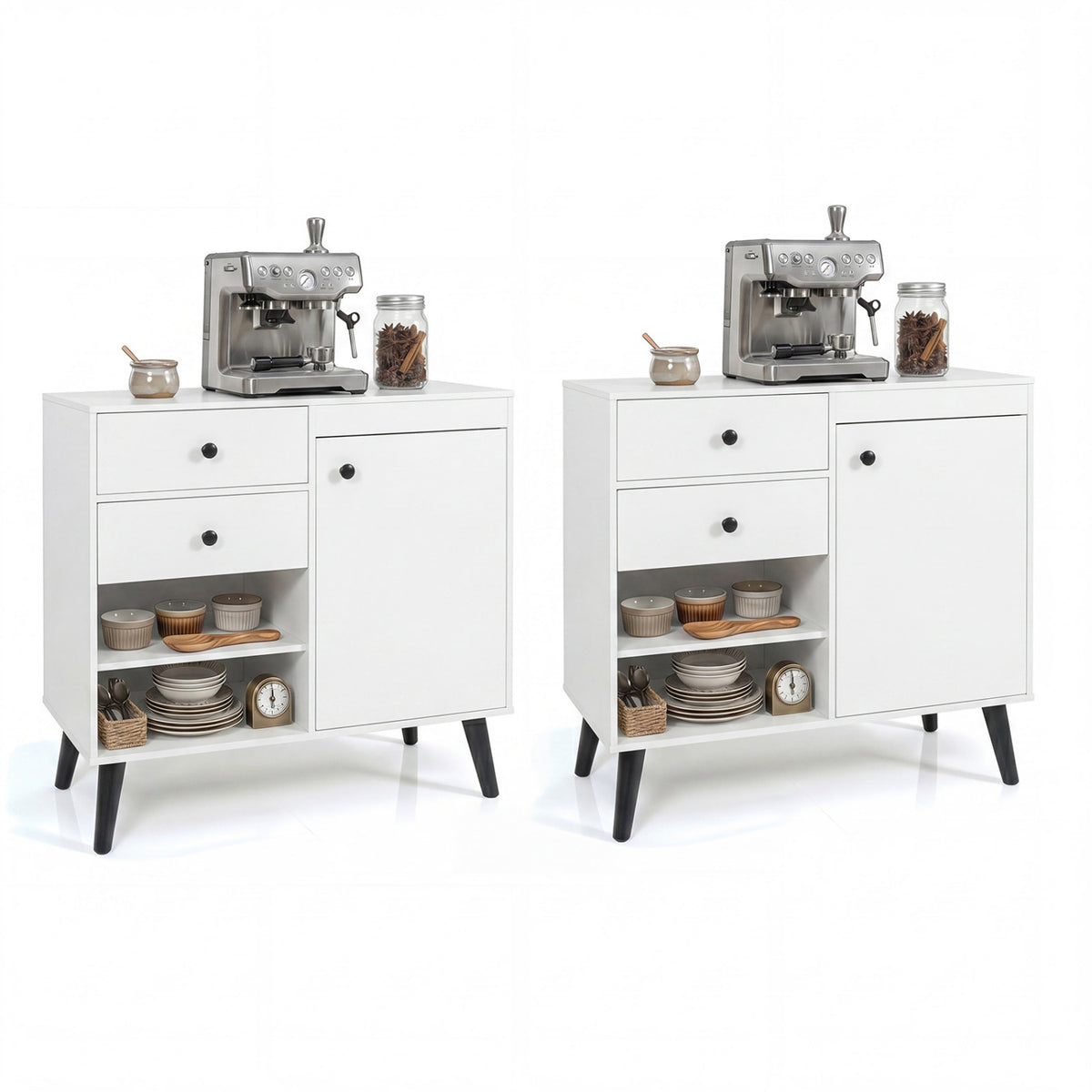 Set of 2 31 inches Buffet Cabinet with 2 Drawers and Open Compartments for Kitchen-White view 3