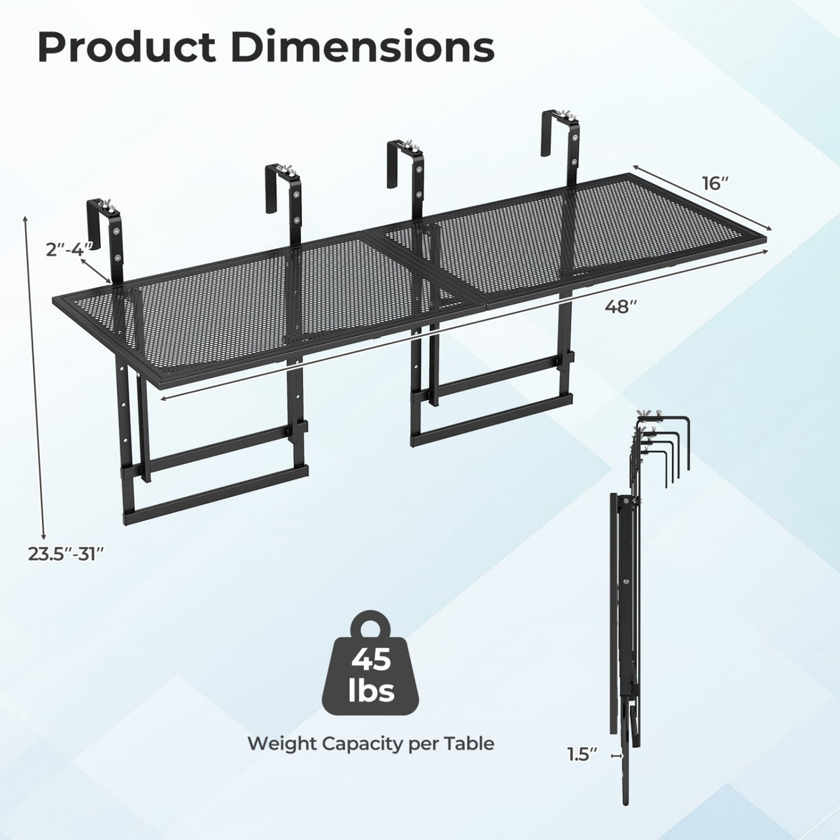 Set of 2 48 inches Balcony Railing Table with 5-Level Adjustable Height for Patio and Deck-Black view 5