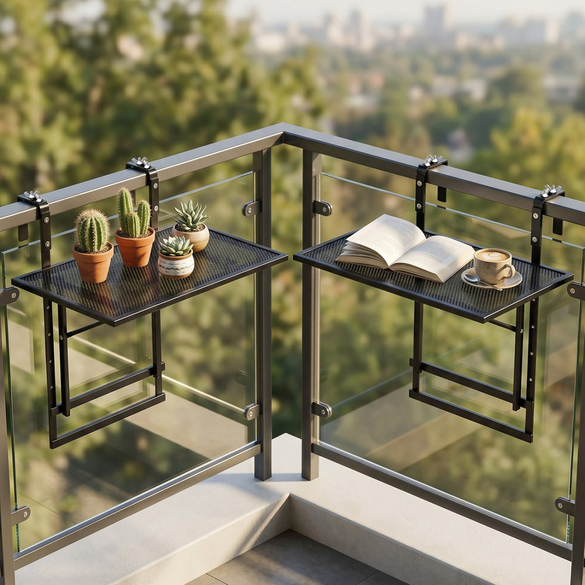 Set of 2 48 inches Balcony Railing Table with 5-Level Adjustable Height for Patio and Deck-Black view 2