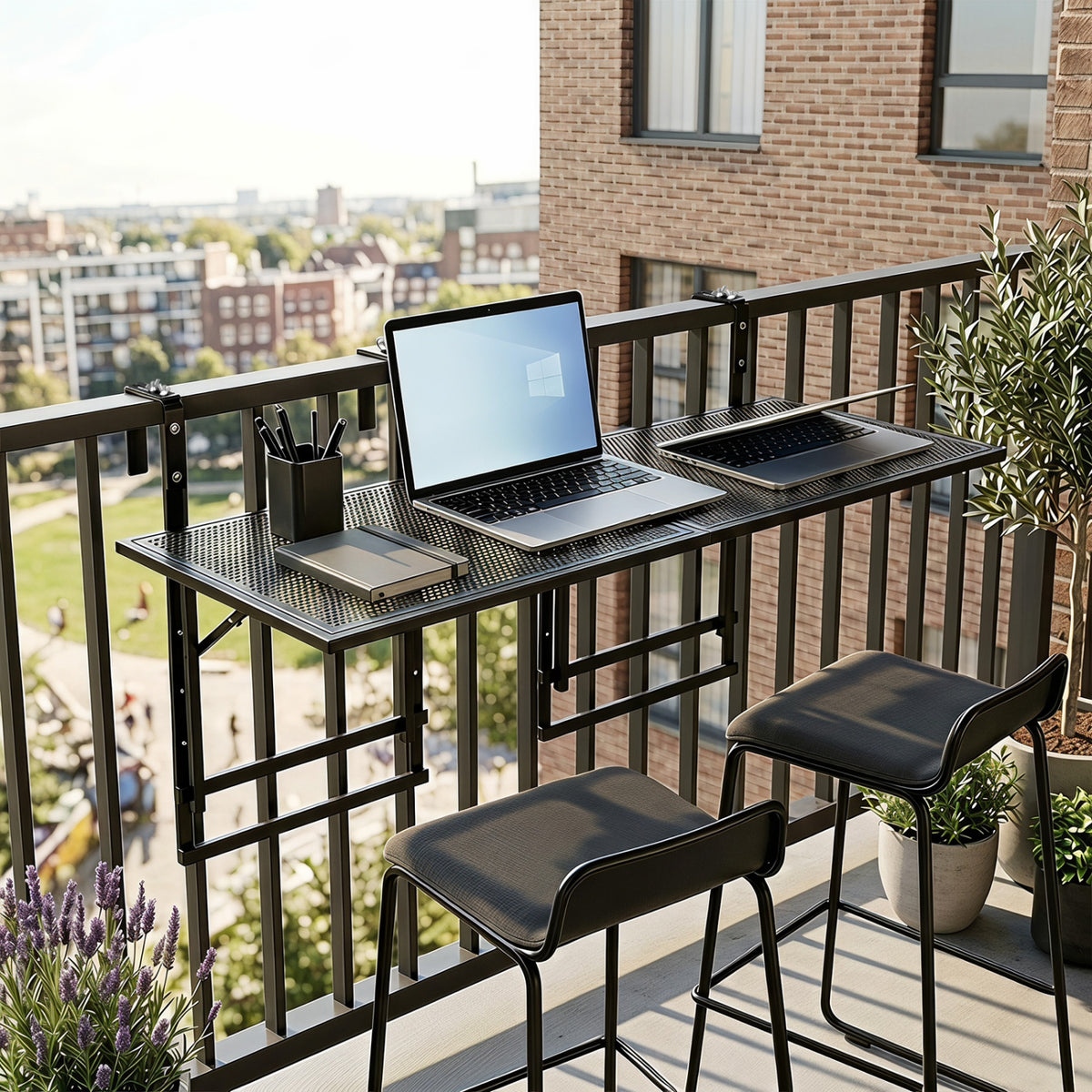 Set of 2 48 inches Balcony Railing Table with 5-Level Adjustable Height for Patio and Deck-Black view 3
