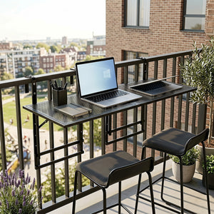 Set of 2 48 inches Balcony Railing Table with 5-Level Adjustable Height for Patio and Deck-Black view 3