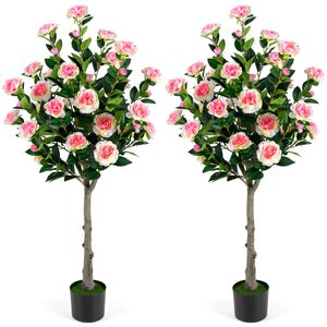 Set of 2 Artificial Camellia Tree with 27 Blossoms in Cement Pot for Home