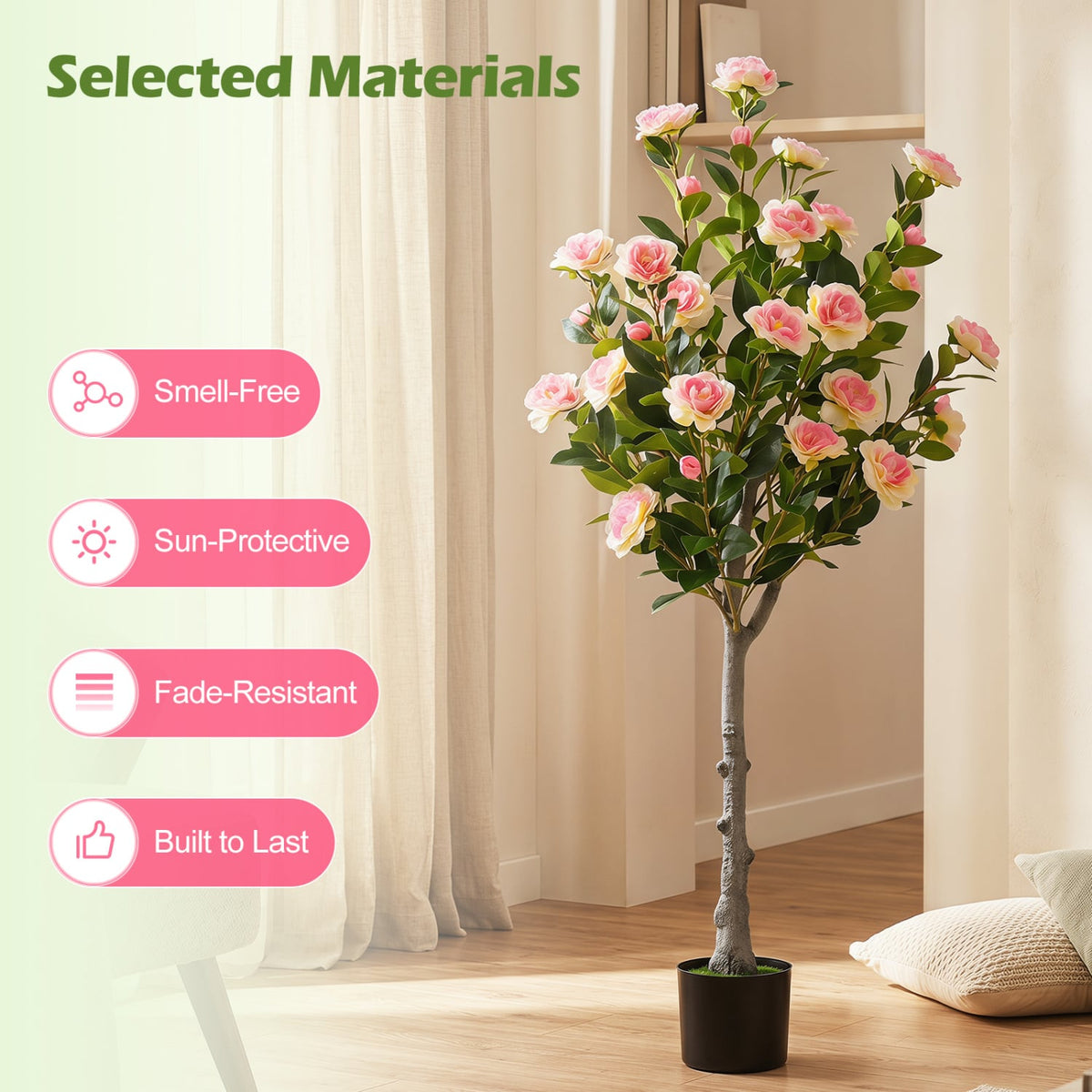 Set of 2 Artificial Camellia Tree with 27 Blossoms in Cement Pot for Home view 4