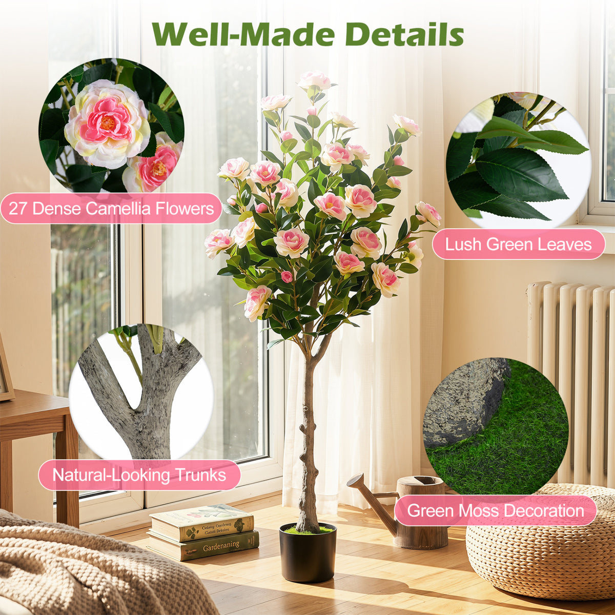 Set of 2 Artificial Camellia Tree with 27 Blossoms in Cement Pot for Home view 9