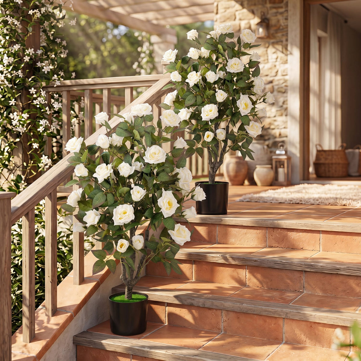 Set of 2 Artificial Rose Tree with Blooming Flowers and Green Leaves for Indoor-White view 3