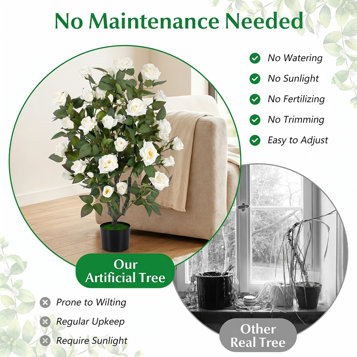 Set of 2 Artificial Rose Tree with Blooming Flowers and Green Leaves for Indoor-White view 8