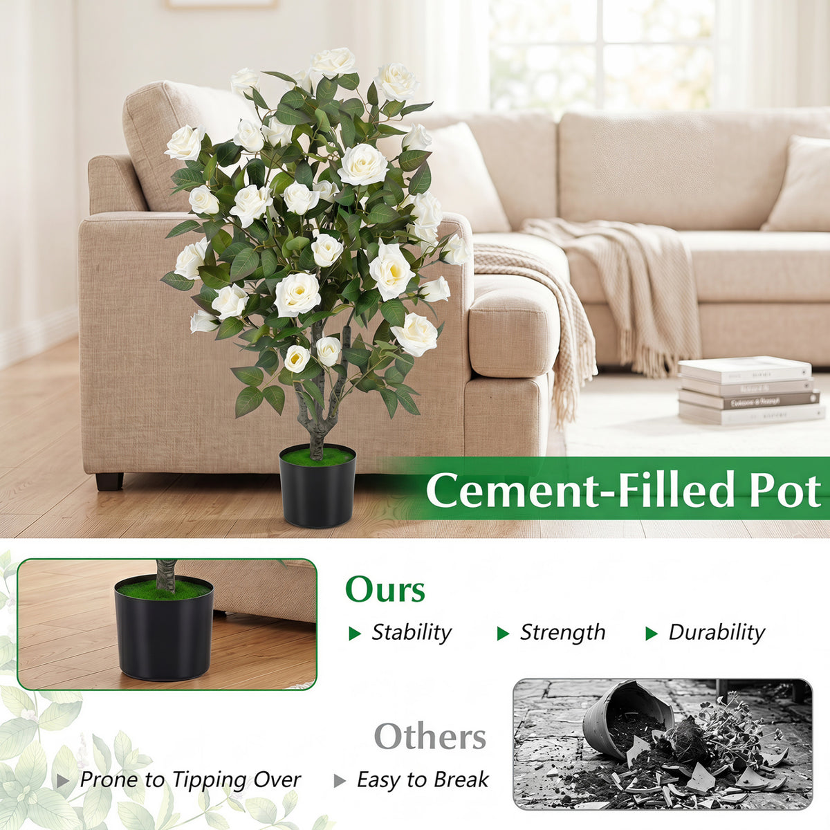 Set of 2 Artificial Rose Tree with Blooming Flowers and Green Leaves for Indoor-White view 7