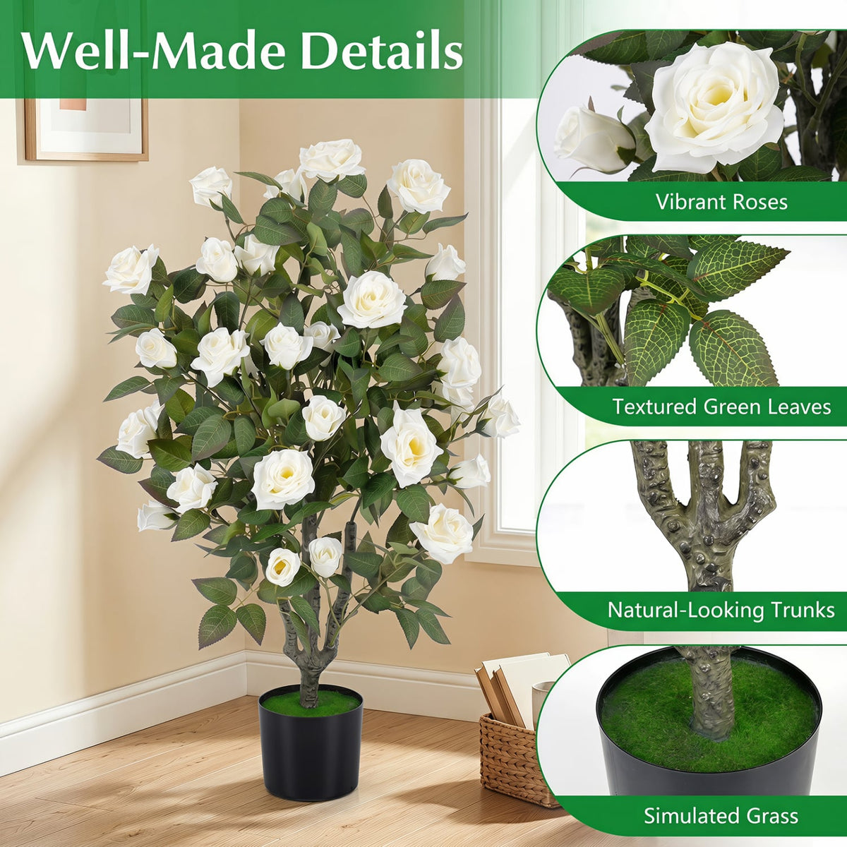 Set of 2 Artificial Rose Tree with Blooming Flowers and Green Leaves for Indoor-White view 6
