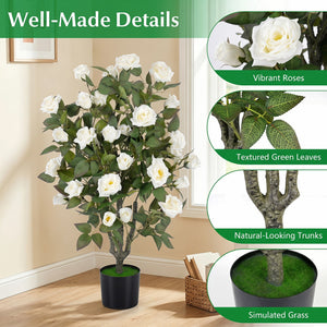Set of 2 Artificial Rose Tree with Blooming Flowers and Green Leaves for Indoor-White view 6